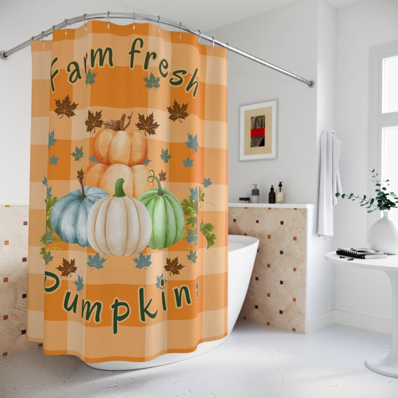 Bauernhof frische Kürbisse Herbst Duschvorhang, niedlichen Hallo Herbst Blätter Badezimmer Dekor, Landhaus Herbst Badezimmer Dekor, orange saisonale Badezimmer Bild 4