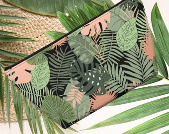 Bolsa para accesorios con base en T de hojas tropicales, neceser de moda, estuche de maquillaje con hojas de monstera, bonita bolsa de viaje, estuche para lápices con hojas verdes bohemias.