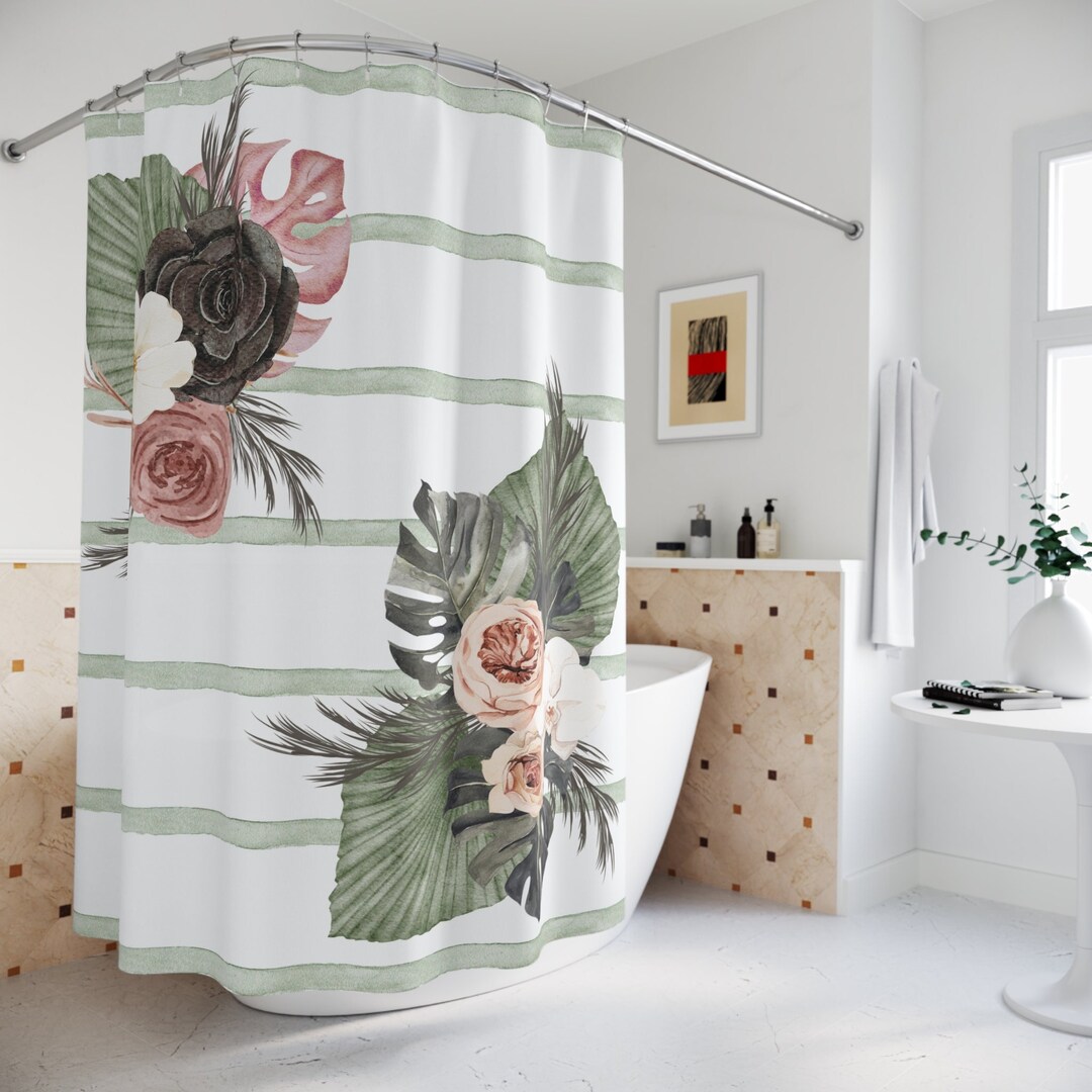 Boho Green Striped Shower Curtainfloral Bouquet Boho Etsy