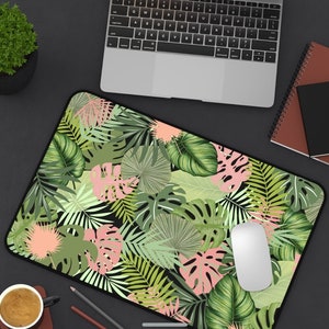 Boho löv skrivbordsmatta, monstera löv skrivbordstillbehör, ljus cottagecore hemmakontorsmatta, XL datorplatta, blommig laptopplatta, stor spelplatta bild 6