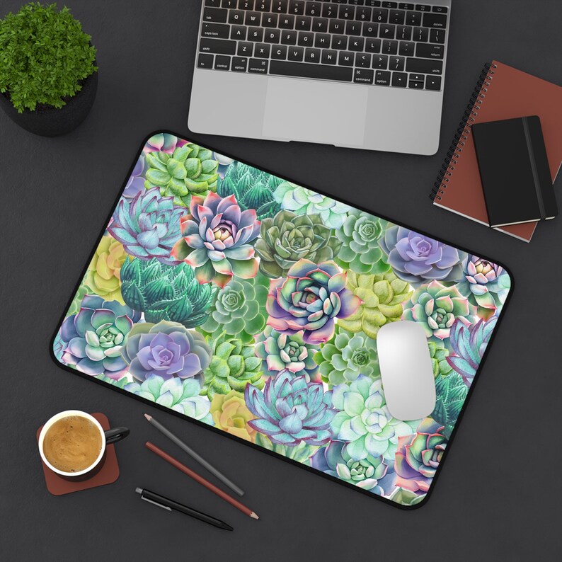 succulent cute boho desk mat, large green computer desk pad, xl gaming laptop keyboard pad, cottagecore small mouse pad, desk mat gaming image 6