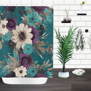 Purple and teal floral boho shower curtain, cute bohemian botanical unique bathtub curtain, custom bathroom curtain gift for housewarming image 2