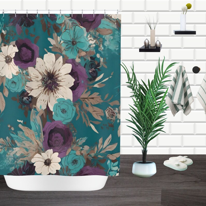 Purple and teal floral boho shower curtain, cute bohemian botanical unique bathtub curtain, custom bathroom curtain gift for housewarming image 2