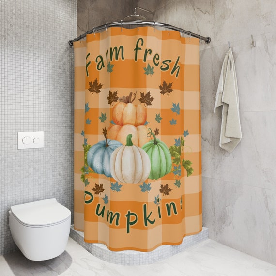 Farm fresh pumpkins fall shower curtain,cute hello fall leaves bathroom decor,country farmhouse fall bathroom decor,orange seasonal bathroom