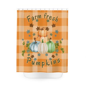 Bauernhof frische Kürbisse Herbst Duschvorhang, niedlichen Hallo Herbst Blätter Badezimmer Dekor, Landhaus Herbst Badezimmer Dekor, orange saisonale Badezimmer Bild 2