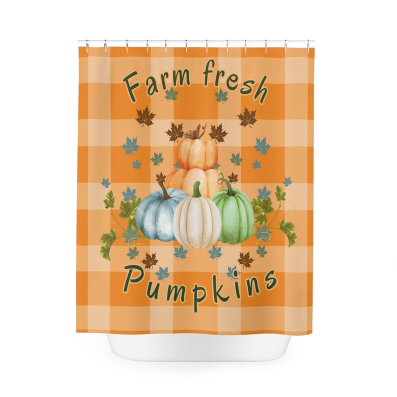 Bauernhof frische Kürbisse Herbst Duschvorhang, niedlichen Hallo Herbst Blätter Badezimmer Dekor, Landhaus Herbst Badezimmer Dekor, orange saisonale Badezimmer Bild 2