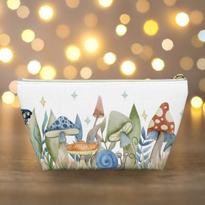 Woodland Mushrooms print Accessory Pouch, Cute Zippered mushroom makeup travel toiletry bag, mycology lovers Accessory Pouch w T-bottom gift