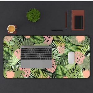 Boho löv skrivbordsmatta, monstera löv skrivbordstillbehör, ljus cottagecore hemmakontorsmatta, XL datorplatta, blommig laptopplatta, stor spelplatta bild 2