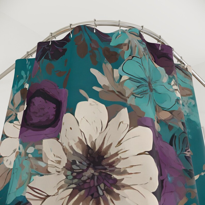 Purple and teal floral boho shower curtain, cute bohemian botanical unique bathtub curtain, custom bathroom curtain gift for housewarming image 3