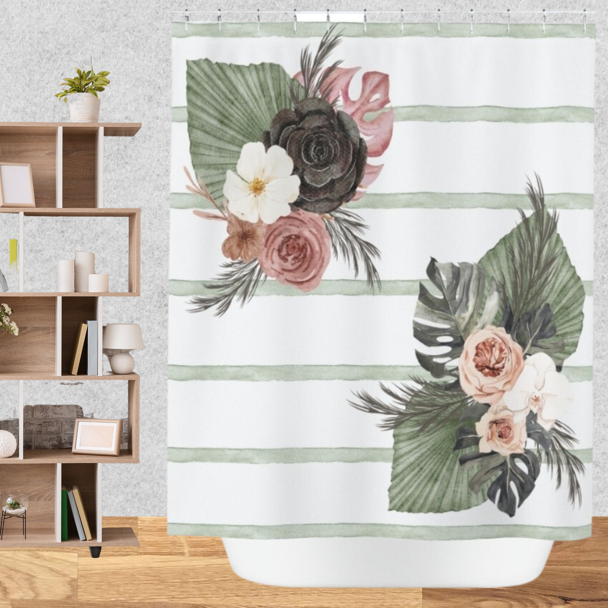 Boho Green Striped Shower Curtainfloral Bouquet Boho Etsy