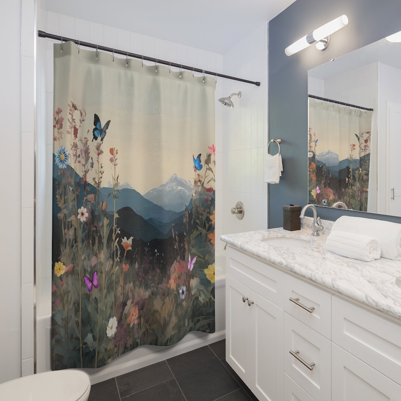 Boho floral mountain Shower Curtain gift housewarming, cute long botanical bathtub curtain, butterfly cottagecore cool fun shower curtain image 3