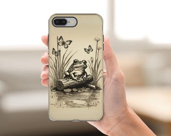 Frog iphone cute phone case, iphone 14, pixel samsung Tough Phone Cases, Toadstool cottagecore retro phone cases, cute vintage frogcore case