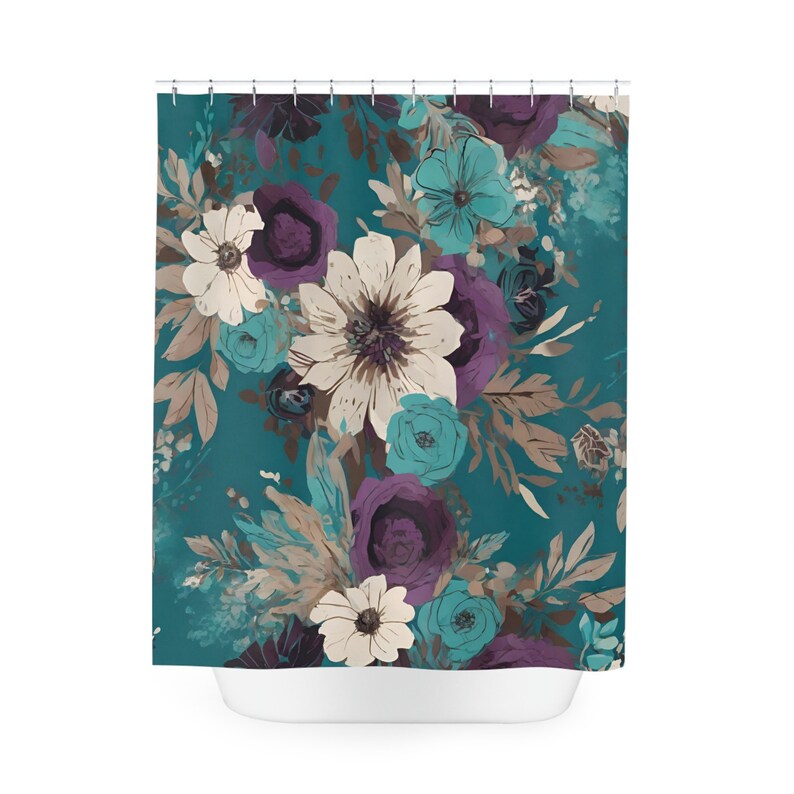 Purple and teal floral boho shower curtain, cute bohemian botanical unique bathtub curtain, custom bathroom curtain gift for housewarming image 5