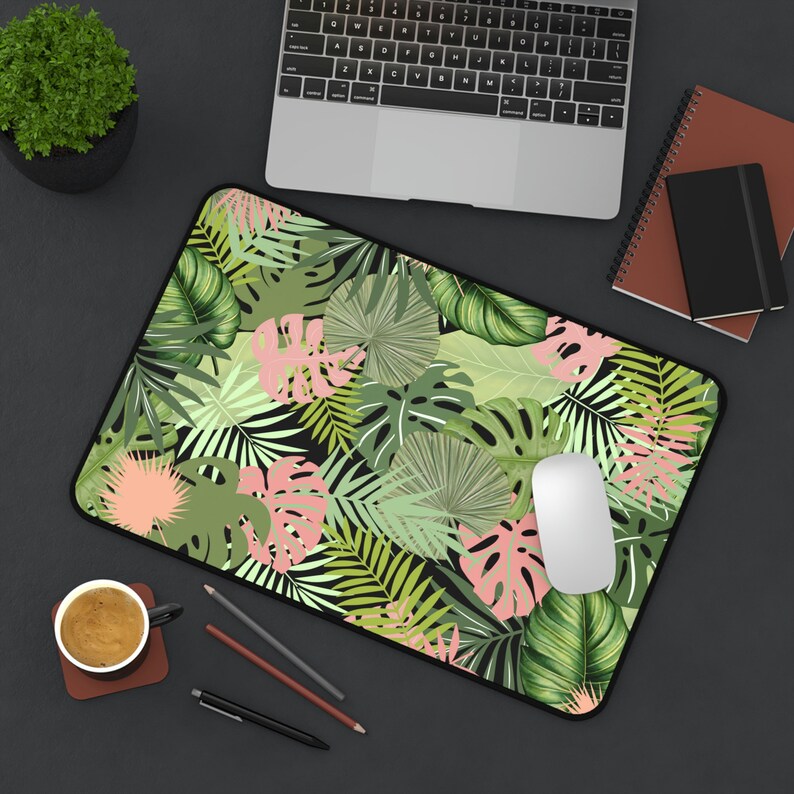 Alfombrilla de escritorio con hojas bohemias, alfombrilla para juegos extragrande estilo cottagecore, alfombrilla para ratón con hojas tropicales botánicas, alfombrilla para portátil personalizada estilo bohemio, bonito regalo para alfombrilla de escritorio. imagen 3