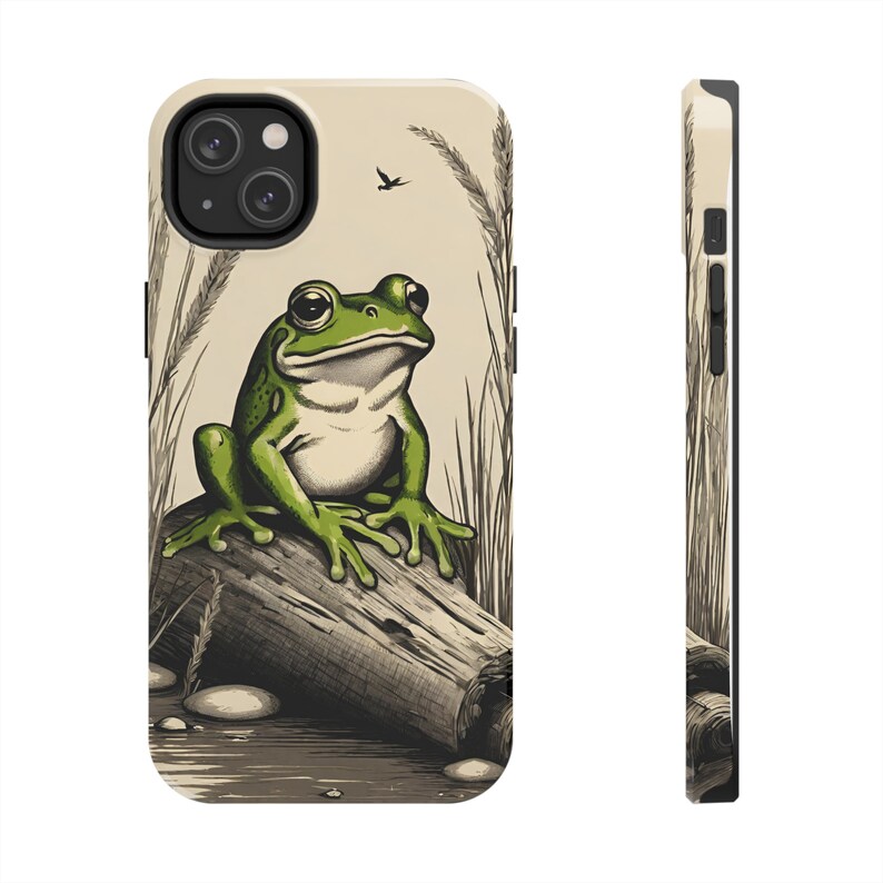 Frog iPhone cute phone case, iPhone 14, 13 Tough Phone Cases, Froggy Toadstool cottagecore retro phone cases, cute vintage frog lover case image 3