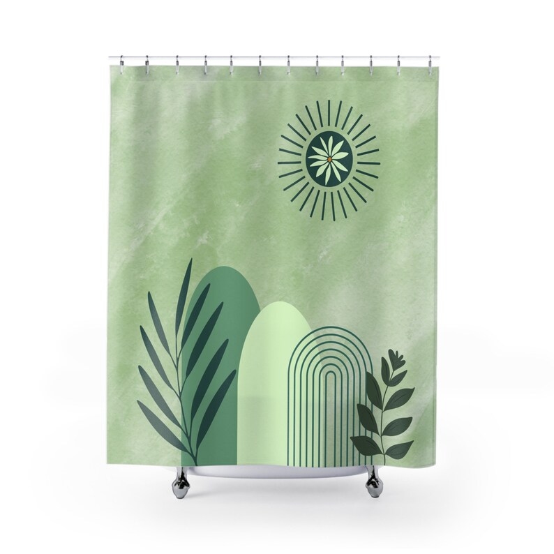 Boho bathroom green shower curtain, custom long cool shower curtain, cute floral botanical bathroom curtain, fun unique shower curtain image 3
