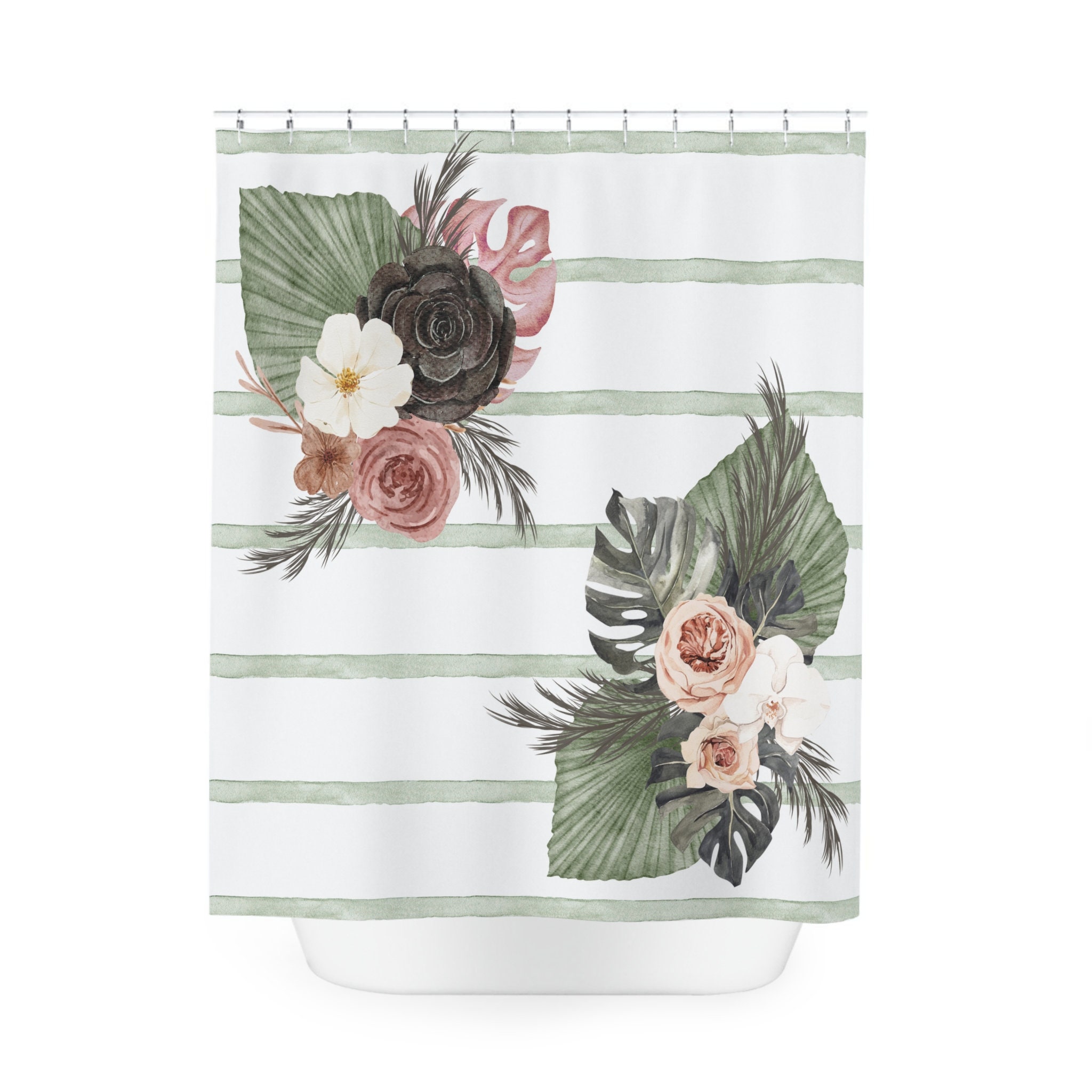Boho Green Striped Shower Curtainfloral Bouquet Boho Etsy