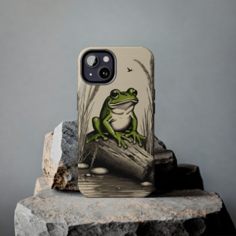 Frog iPhone cute phone case, iPhone 14, 13 Tough Phone Cases, Froggy Toadstool cottagecore retro phone cases, cute vintage frog lover case image 6
