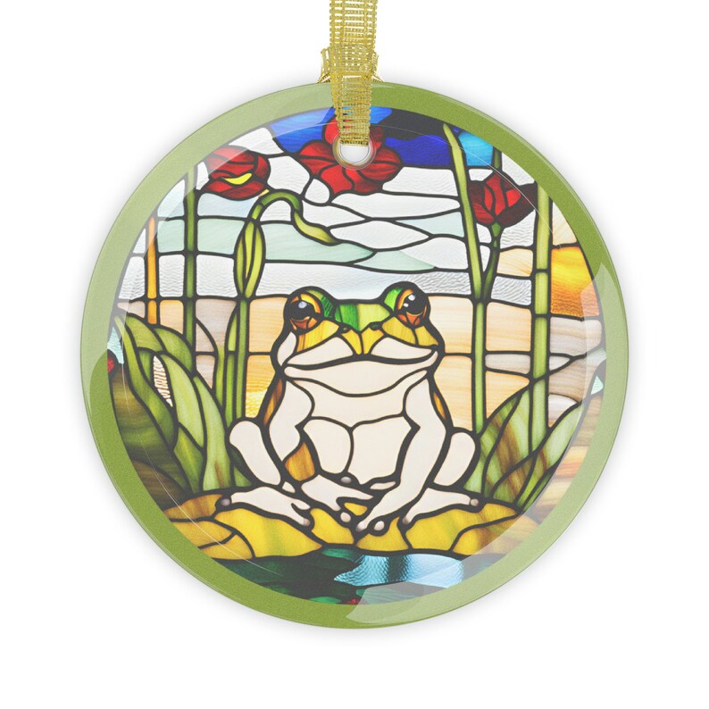 Cute Faux Stained Glass Frog Christmas Ornament, Cottagecore Woodsy