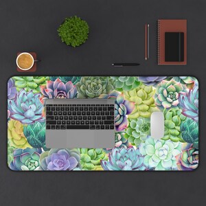 succulent cute boho desk mat, large green computer desk pad, xl gaming laptop keyboard pad, cottagecore small mouse pad, desk mat gaming image 2