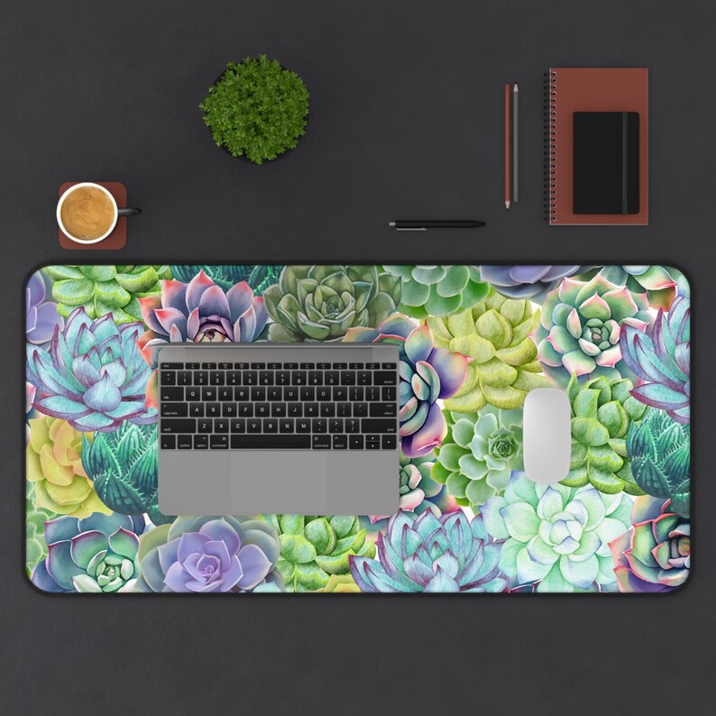 succulent cute boho desk mat, large green computer desk pad, xl gaming laptop keyboard pad, cottagecore small mouse pad, desk mat gaming image 2