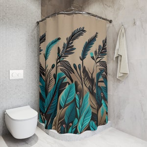 Teal and brown boho floral shower curtain, cute botanical blue bathroom curtain, unique custom shower curtain, housewarming gift for her