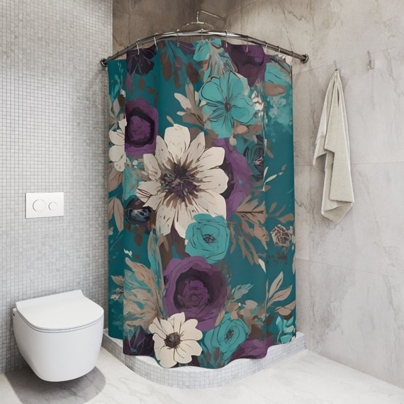 Purple and teal floral boho shower curtain, cute bohemian botanical unique bathtub curtain, custom bathroom curtain gift for housewarming