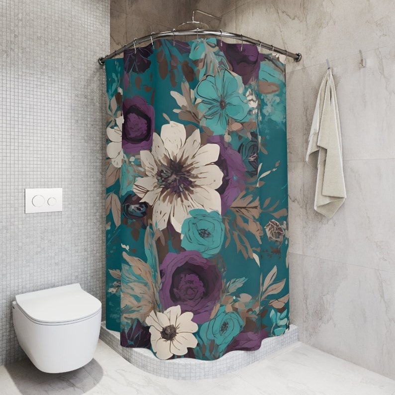 Purple and teal floral boho shower curtain, cute bohemian botanical unique bathtub curtain, custom bathroom curtain gift for housewarming image 1