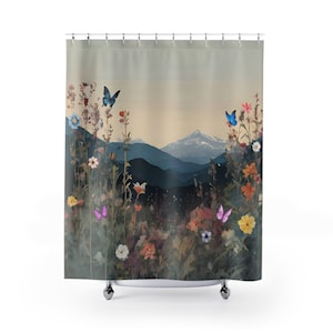 Boho floral mountain Shower Curtain gift housewarming, cute long botanical bathtub curtain, butterfly cottagecore cool fun shower curtain image 2