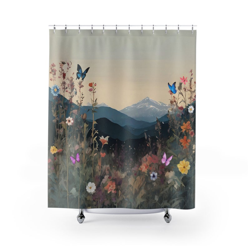 Boho floral mountain Shower Curtain gift housewarming, cute long botanical bathtub curtain, butterfly cottagecore cool fun shower curtain image 2