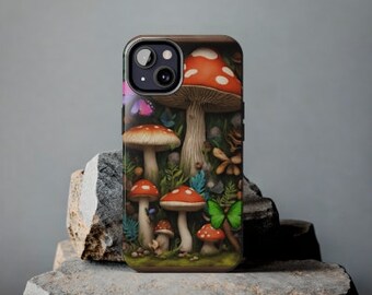 Colorful Mushroom faux 3d design Tough Phone Cases, woodland mushrooms and butterflies iphone 12,13 phone covers, toadstool cottagecore case