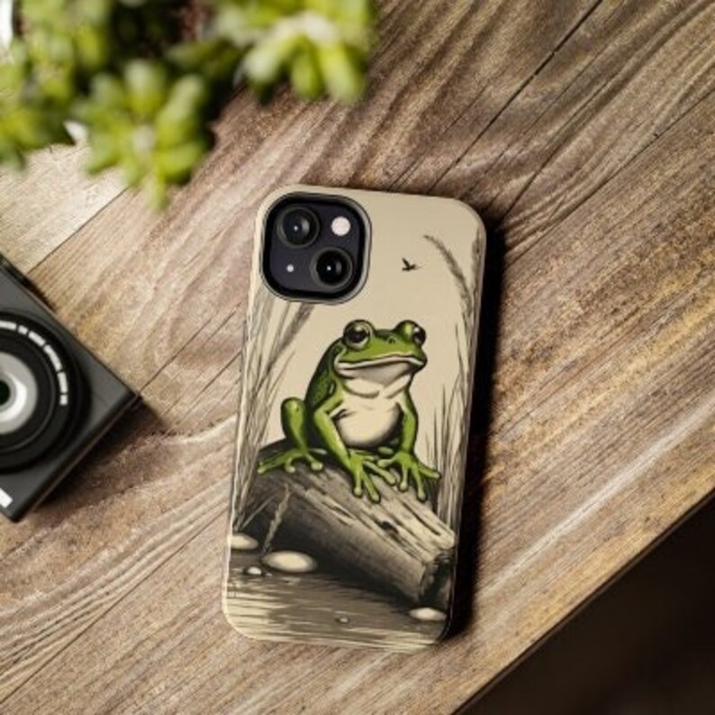 Frog iPhone cute phone case, iPhone 14, 13 Tough Phone Cases, Froggy Toadstool cottagecore retro phone cases, cute vintage frog lover case image 2