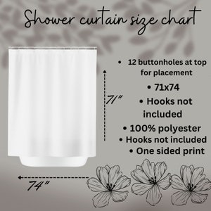 K&ouml;nnte beinhalten: Wei&szlig;er Duschvorhang mit den Ma&szlig;en 180 x 188 cm, mit 12 Knopfl&ouml;chern oben. Das Bild enth&auml;lt den Text "Shower curtain size chart" und Details: 100% Polyester, einseitiger Druck. Haken sind nicht enthalten.