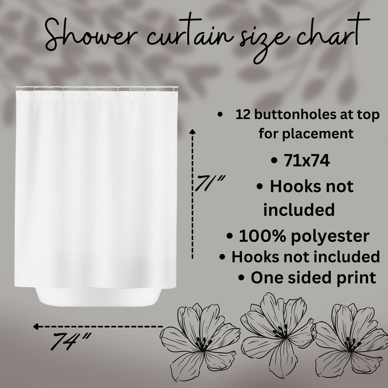 K&ouml;nnte beinhalten: Wei&szlig;er Duschvorhang mit den Ma&szlig;en 180 x 188 cm, mit 12 Knopfl&ouml;chern oben. Das Bild enth&auml;lt den Text "Shower curtain size chart" und Details: 100% Polyester, einseitiger Druck. Haken sind nicht enthalten.