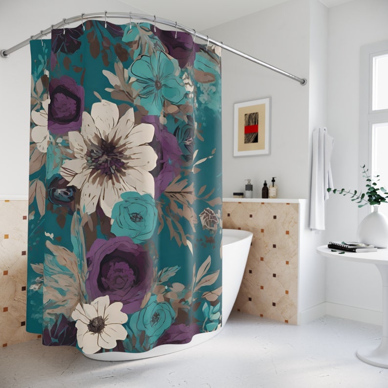 Purple and teal floral boho shower curtain, cute bohemian botanical unique bathtub curtain, custom bathroom curtain gift for housewarming image 4