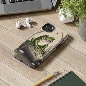 Frog iPhone cute phone case, iPhone 14, 13 Tough Phone Cases, Froggy Toadstool cottagecore retro phone cases, cute vintage frog lover case image 5