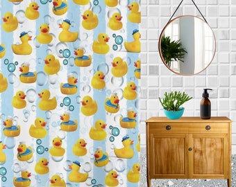 Rubber ducky and bubble covered shower curtain, blue striped duck print bathtub curtain, kids rubber duckies bathroom decor, cute bathroom