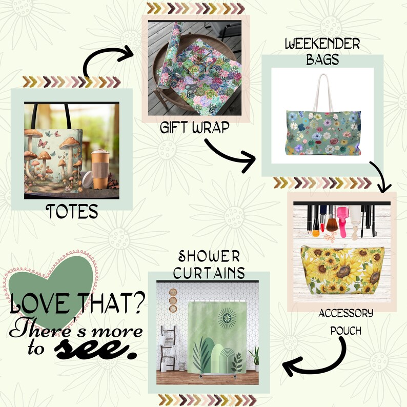 May include: A collage of different products featuring floral and nature-inspired designs. The products include totes, shower curtains, a weekender bag, and an accessory pouch. The text "LOVE THAT? There's more to see." is displayed in a heart shape.