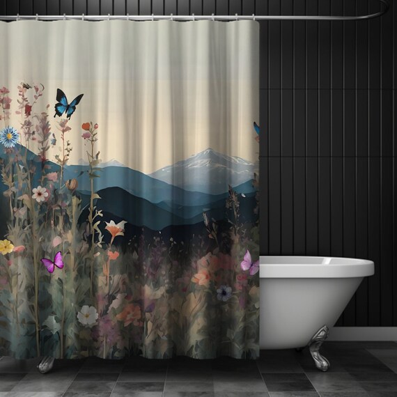 Boho floral mountain Shower Curtain gift housewarming, cute long botanical bathtub curtain, butterfly cottagecore cool fun shower curtain