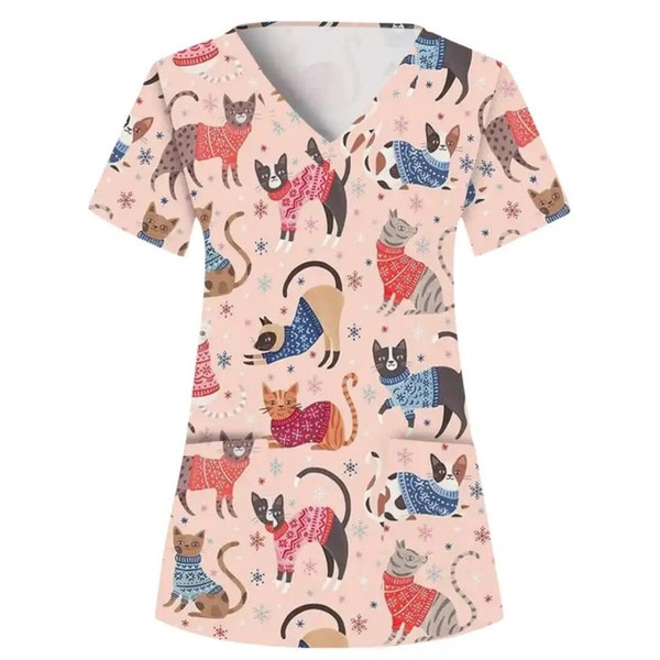 Pink kitty cats in sweaters scrub top