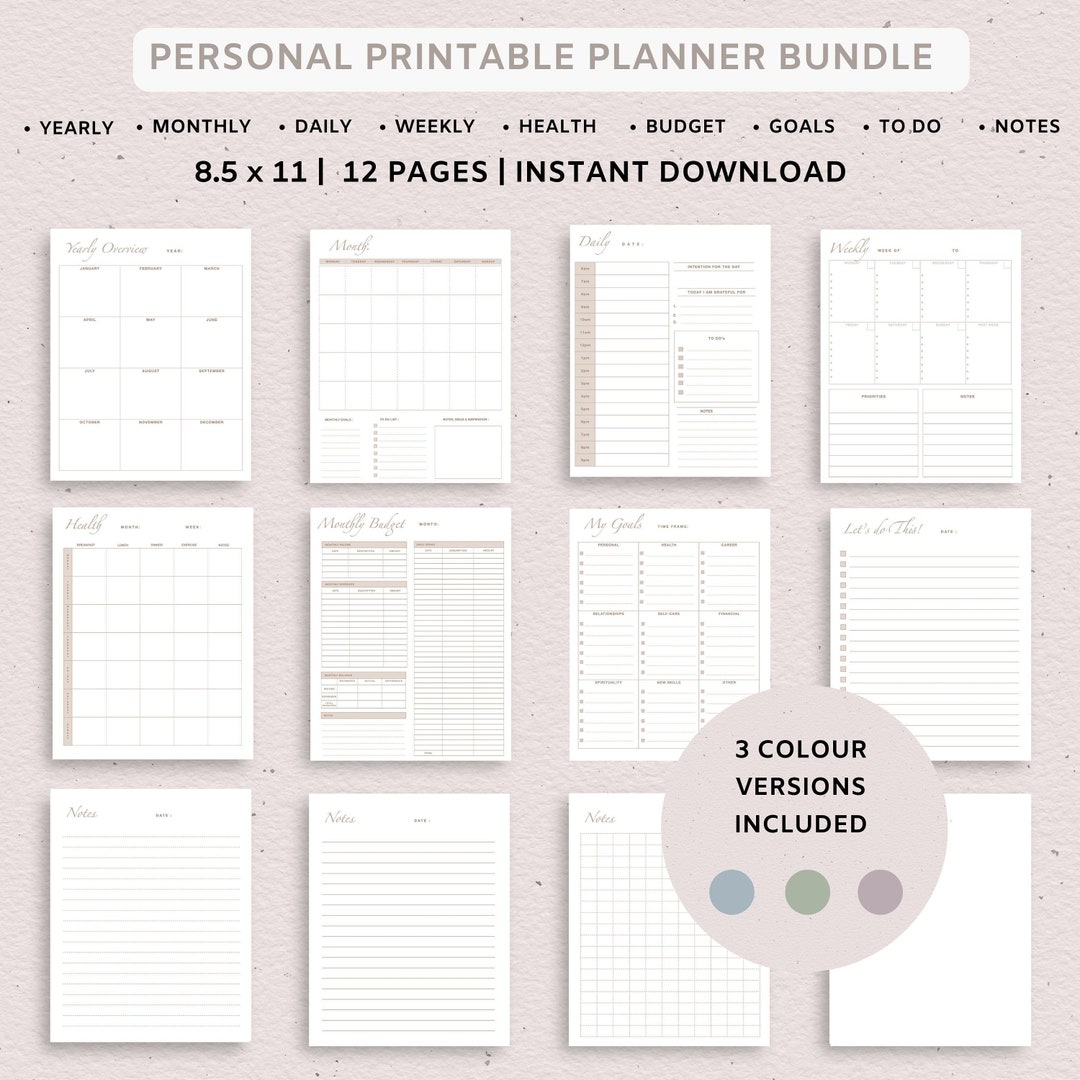 Printable Planner, Personal Planner Bundle, Printable Templates, Yearly ...