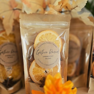 May include: A close-up of a clear plastic bag filled with dried orange slices and spices. The bag has a brown paper backing and a circular label that reads "Gather Round Simmer Pot Blend Citrus | Cinnamon | Clove". The background includes fall foliage.