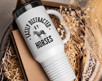 Easily Distracted By Horses Tumbler | 40 oz Insulated Travel Mug Gift for the Horse Obsessed | Equestrian Girl Large Cup Present