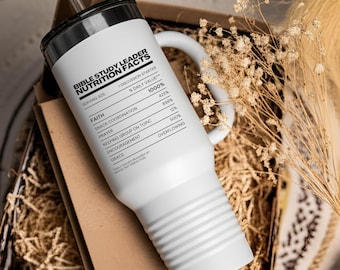 Bible Study Leader Nutrition Facts Tumbler | Large 40oz Insulated Cup Church Table Leader Gift | Travel Mug Present Idea for Women Volunteer