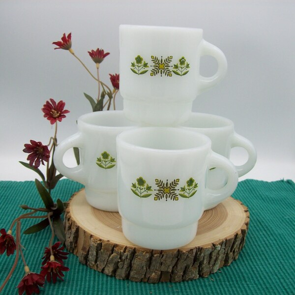 Fire King Green Meadow Mugs Set of 4 Anchor Hocking 1960s  Stackable