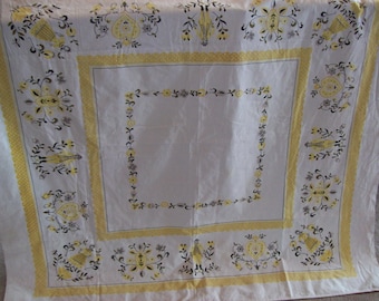 Vintage Tablecloth Sun Glo Printorama  Pennsylvania Dutch Folk Polka Dots Kitchen Farmhouse Flowers Spring Summer