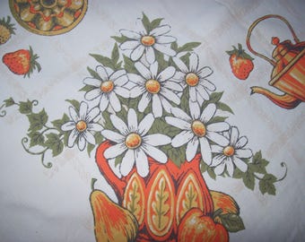 Vintage Tablecloth Fruits Vegetables Daisies Teapots