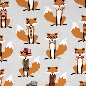 Cotton Fox and the Houndstooth Dressed-up Foxes Woodland Animals on Gray Cotton Fabric Print by the Yard  Robert Kaufman