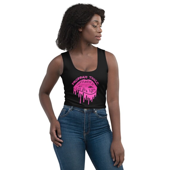 Womens Microfiber Crop Tank: Black. Proppah Tingz Lip Design Pink