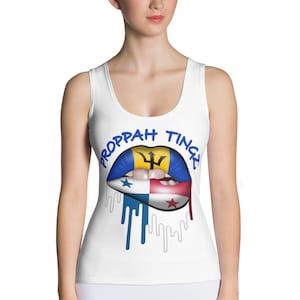 Microfiber Tank Top: White. Barbados/Panama Flag Lip Design. Brand Name- Blue.